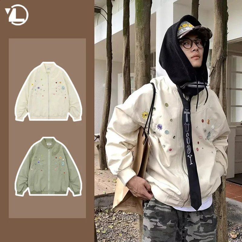 Retro Pilot Baseball Jackets Mens High Street American Button Embroidery Couple Coats Trend Zipper Simplicity Outwear 240826