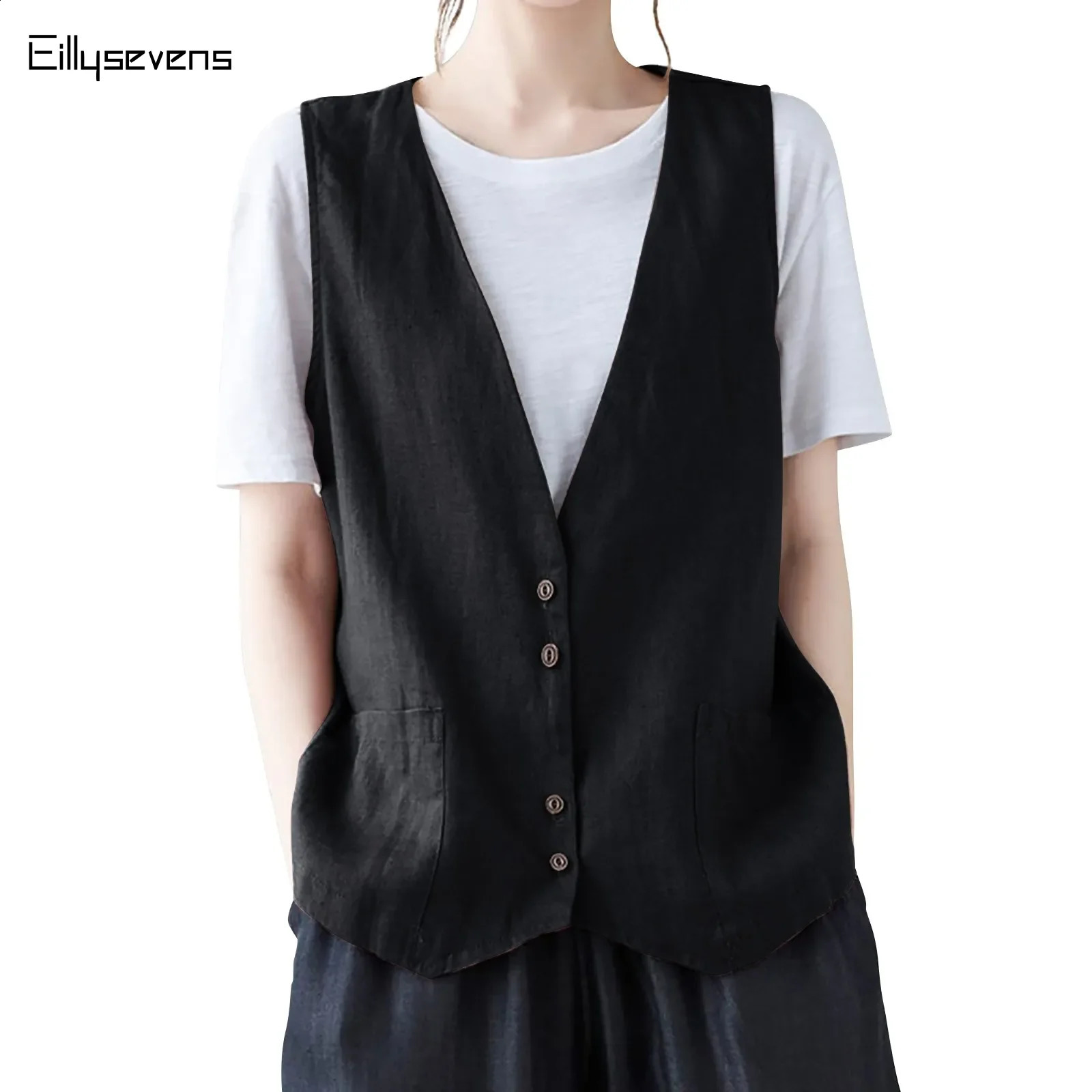 Gilet d'été en lin en coton pour les femmes vneck sans manches femmes de style coréen à la mode élégante top décontractée 240826