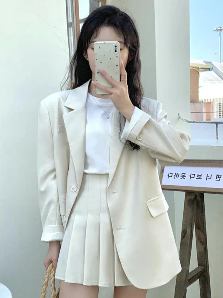 Spring Autumn 2 Pieces Outfits Suits Women Ladies Clothing Elegant Office Loose Tops Coat Blazer Suit And Pleated Mini Skirt Set 240826