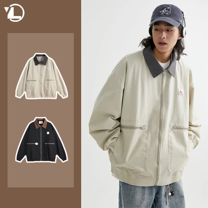 Spring Tooling Jackets Mens Japanese Lapel Color Blocking Harajuku Coats Casual Zipper Pocket Canvas Loose Outwear Unisex 240826