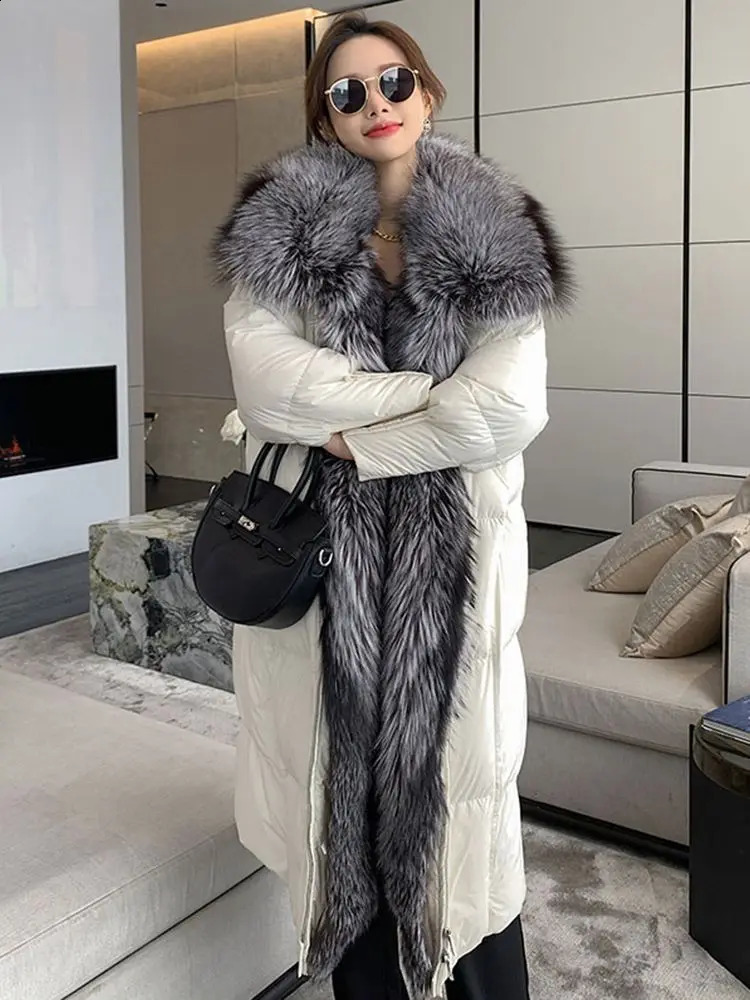 Furshehe Winter Womens Long True Fox Fur Collar White Goose Down Jacket Parka Fashion Loose Jacket Warm Street Coat 240826