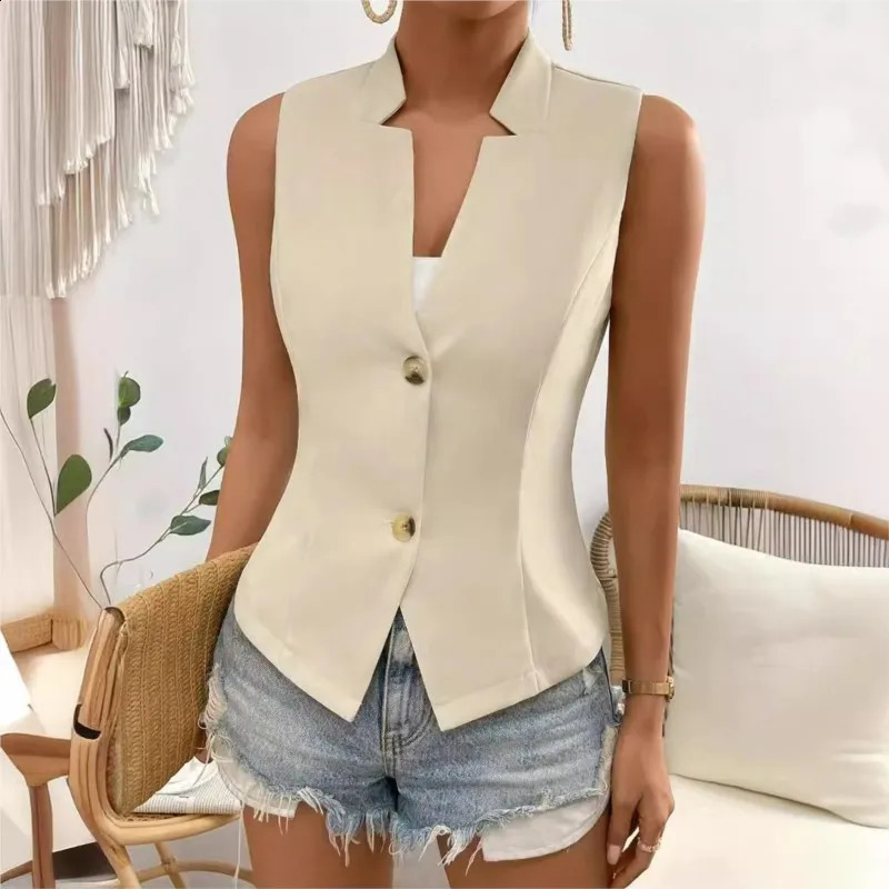 Fashion Office Ladies Vest Jackets For Women 2024 Elegant Outerwears Single Breasted Vneck Sleeveless Jacket Coats 240826