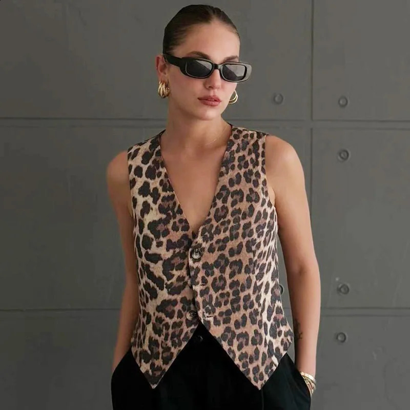 HXAO Womens Vest Summer 2024 Leopard Sleeveless Vests For Women VNeck Off Shoulder Short Tailored Casual Waistcoat 240826