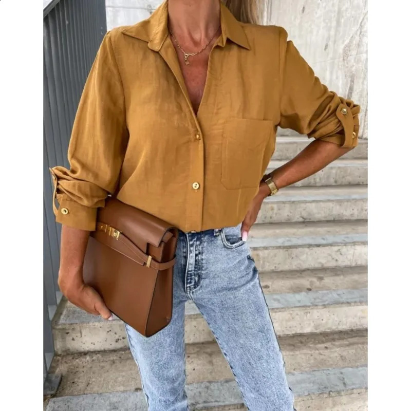 Womens Summer And Autumn Fashion Autumn Solid Color Sleeveless V-neck Button Up Lapel Pocket Shirt Womens Clothing 240826