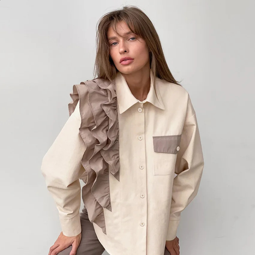 Chemise de niche française top asymétrique automne et hiver contraste de contraste de couleur décontractée chemisier top femmes 240826