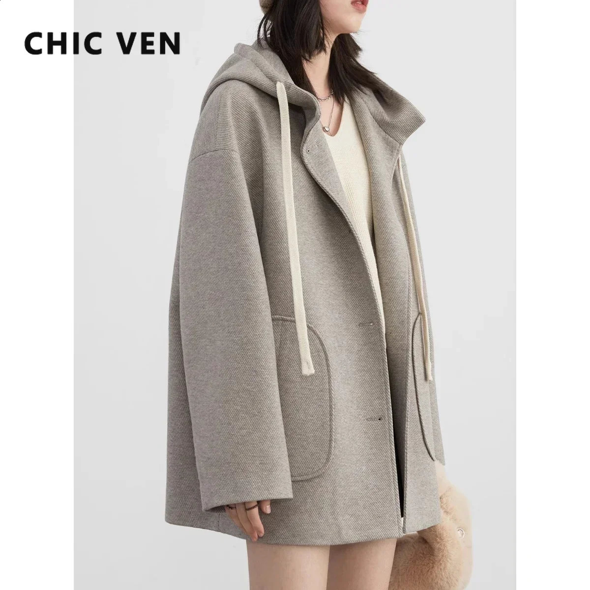 CHIC VEN Fashion Womens Wool Coat Korean V-neck Single breasted Knitted Womens Coat Autumn/Winter 240827