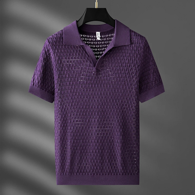 high-quality summer hollow out breathable short sleeve V-neck POLO shirt mens summer trend exquisite jacquard knitted T-shirt 240827