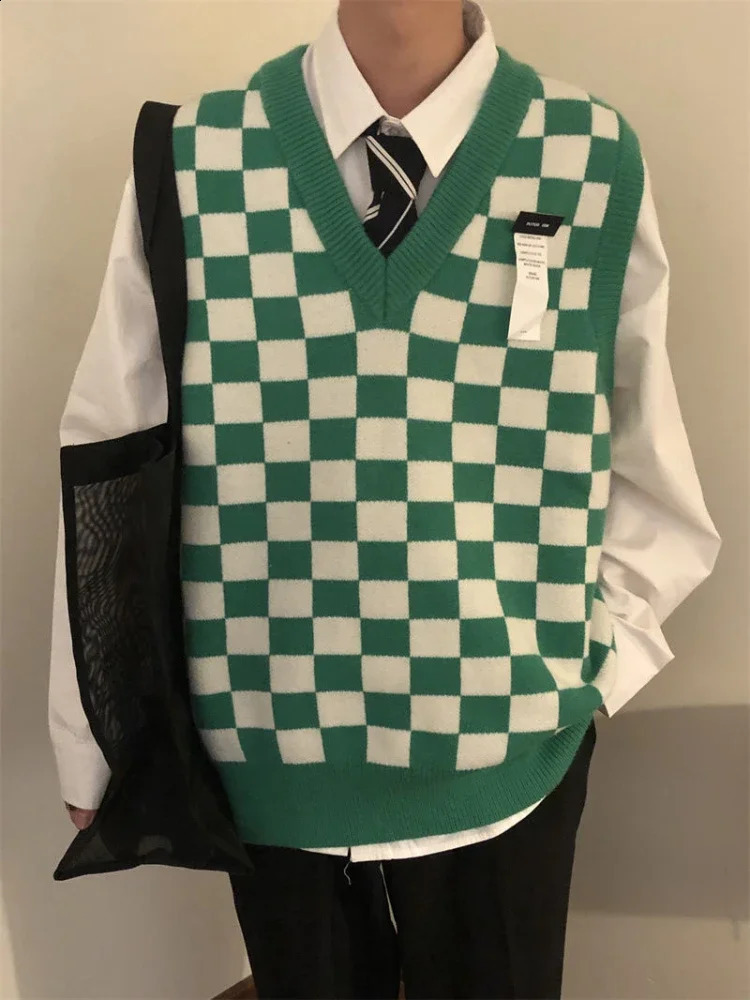 Waistcoat Plaid Green V Neck Sleeveless Knitted Sweaters for Men Black Man Clothes Vest Ugly Cotton Pull Oversize Sheap T Shirt 240826