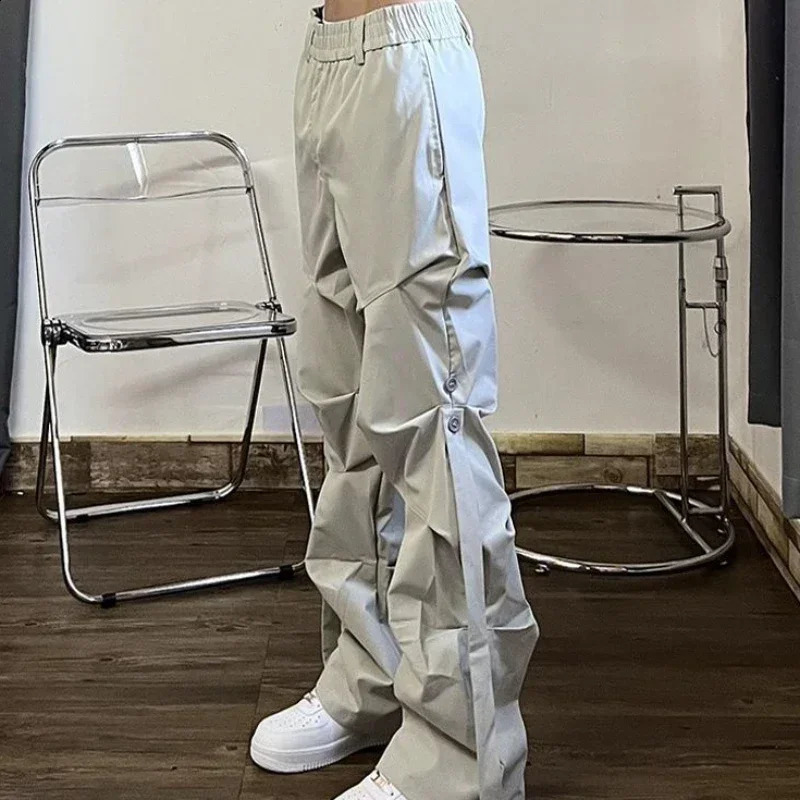 Male Trousers Aesthetic Hip Hop Straight Mens Cargo Pants Grey Stacked Baggy Street Cotton With Korean Style Techwear Clothing 240826