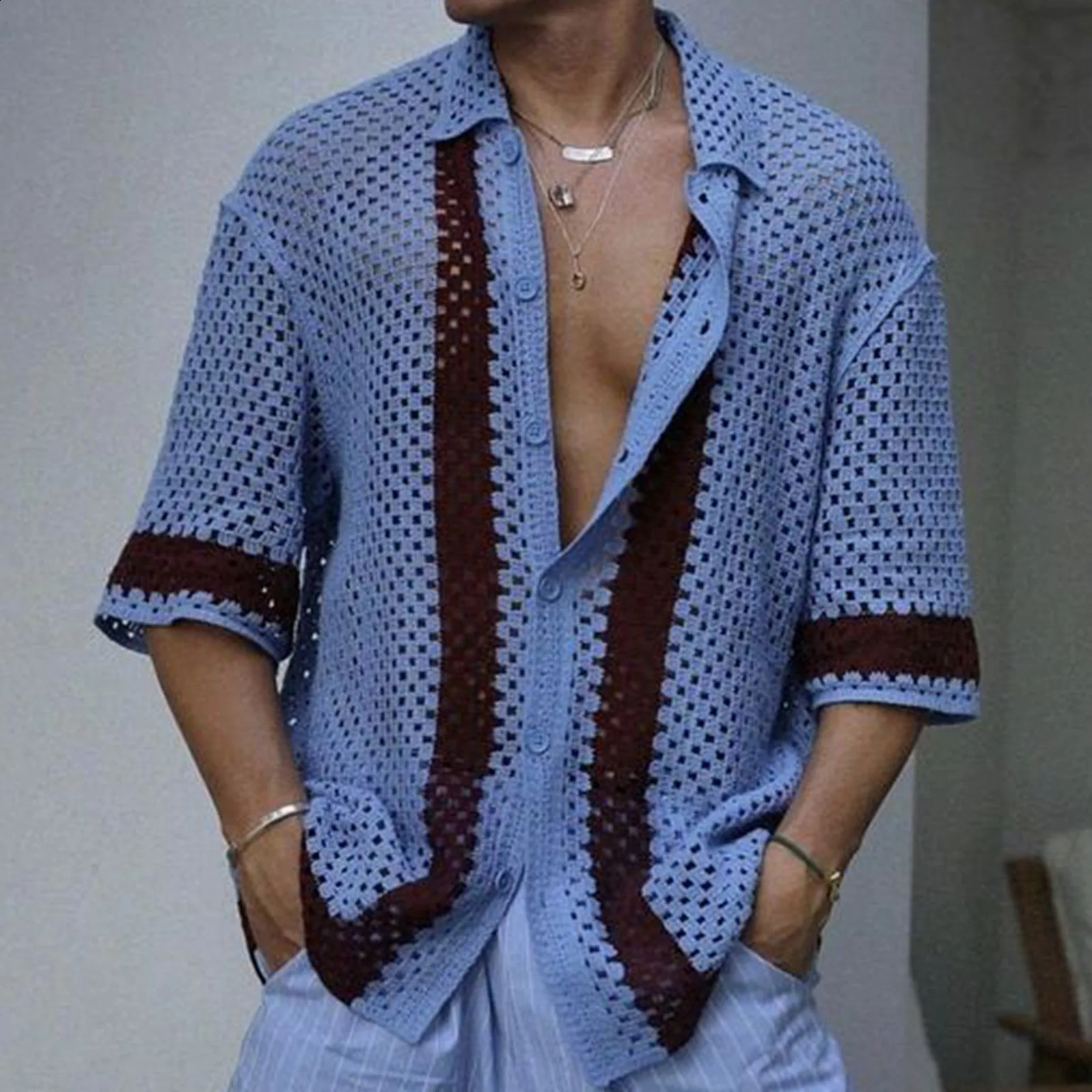 Mentille Top Summer Couvure-chemise en tricot contrasté à l'aiguille grossière Polo en laine de laine pour hommes 240827