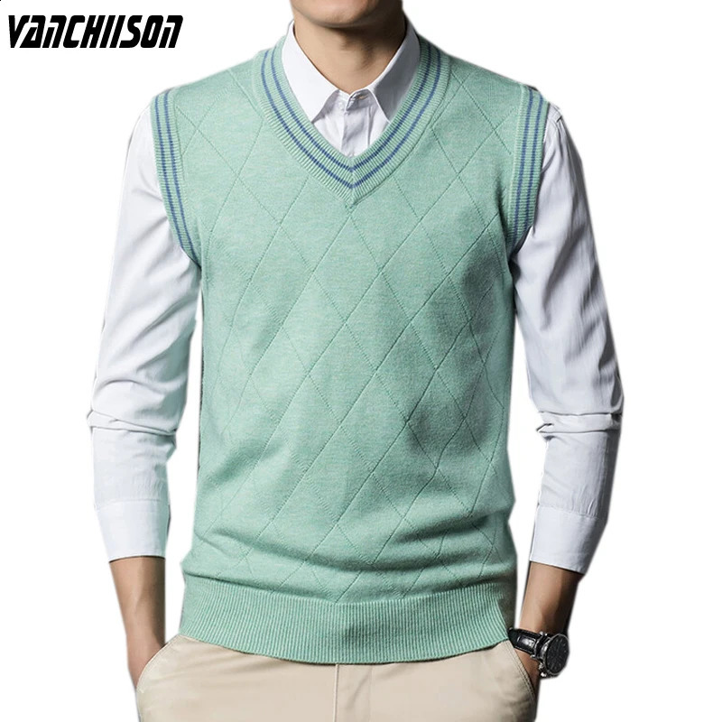 Wool Knit Tank Vest Sleeveless Jumpers Sweater V Neck for Teenager Young Men Basic Autumn Winter Solid Green Red 00054 240826