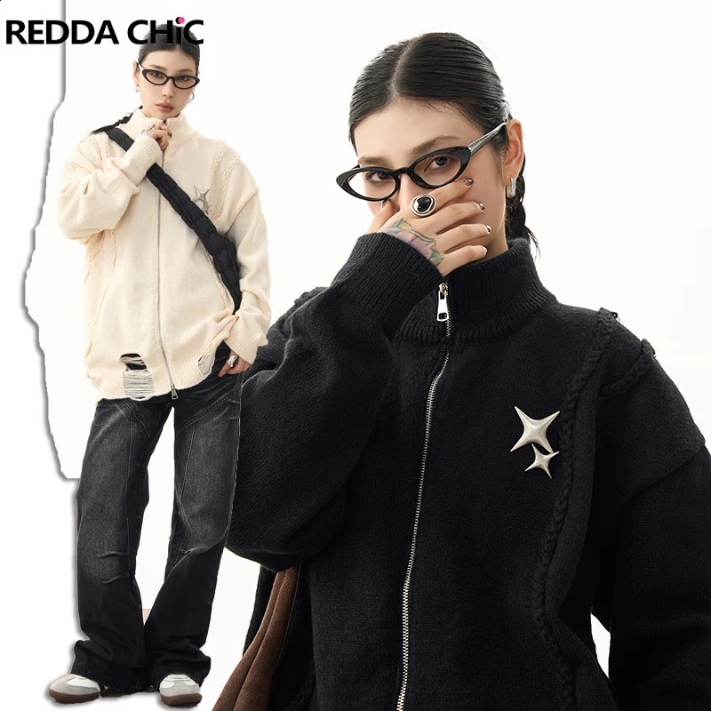 Reddachic Détruit veste de pull zip-up-up pour femmes Solid Coltleneck Cardigan Star décontractée en vrac Y2K Girl 90S Retro Knitwear 240826