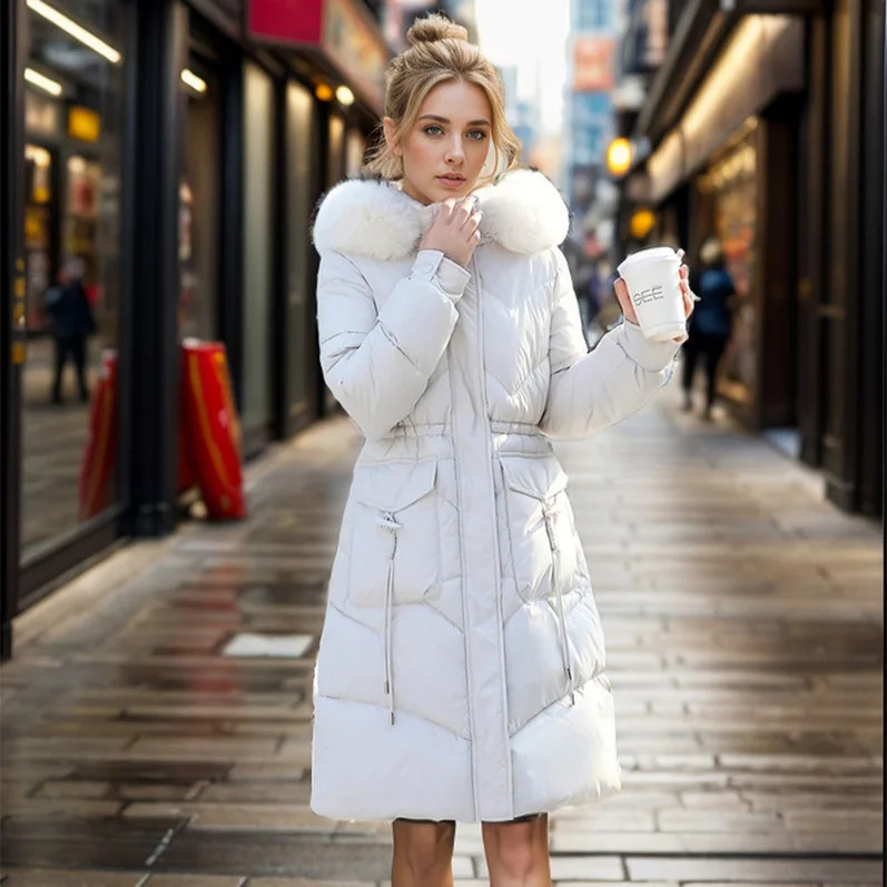 Womens apron jacket womens large fur collar warm jacket winter womens hooded solid color 2 pocket cotton jacket womens clothing 240826
