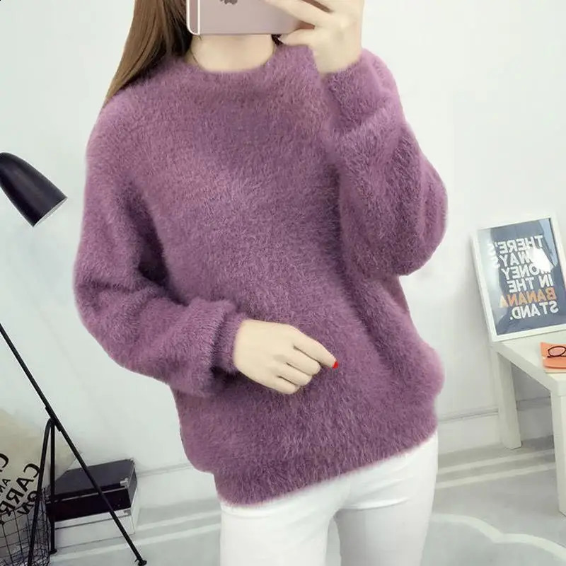 Autumn and Winter Womens Pullover Round Neck Long Sleeve Puff Solid Lace Thickened Fashion Casual Knit Tops 240826