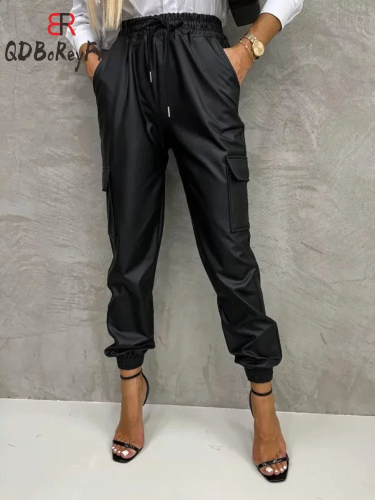 Dans les femmes pantalon en cuir PU Pu, hiver, pantalon lâche décontracté avec poche joggers coréens streetwear harem pantm noir 240826