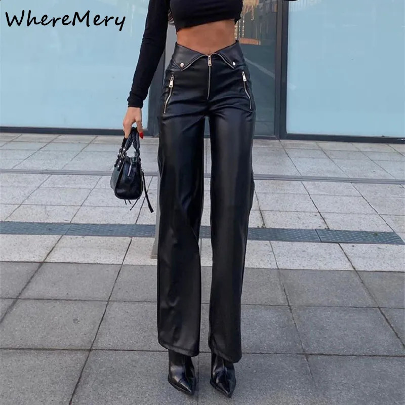 Whememery y2k mode en cuir pantalon femmes hautes taies sexy zipper rythme slim streetwear hiver dames pantalon noir 240826