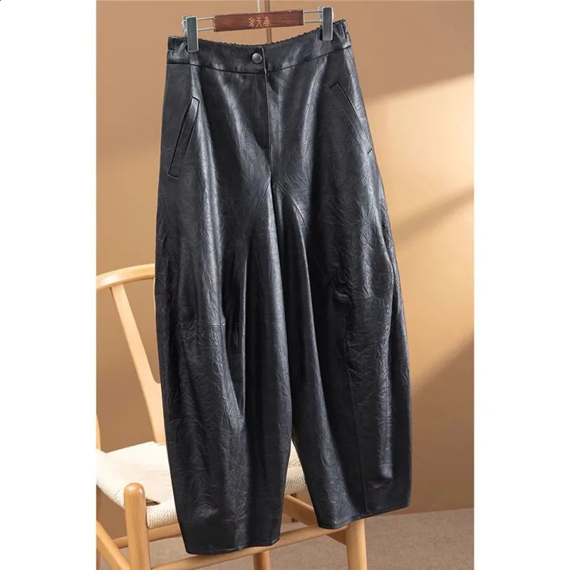 Limiguyue Street Wear Black PU Leather Pant Pocket Elastic Waist Lantern Vintage Autumn Winter AnkleLength Trousers E343 240826