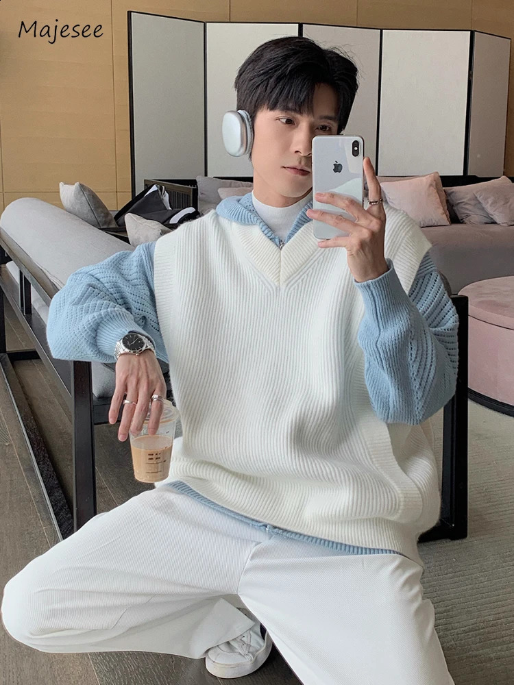 Sweater Vest Men Casual Baggy V-neck Solid Color Autumn Pleated Sleeveless Simple Preppy Korean Style Knitwear Soft 240826