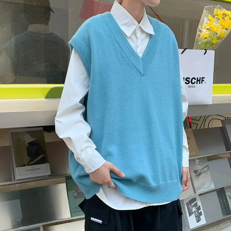Mens Sleeveless Sweater Vest Simple All-match V Neck Solid Basic Cozy Tops Korean Style Loose Knitted Plus Size M-3XL B271 240826