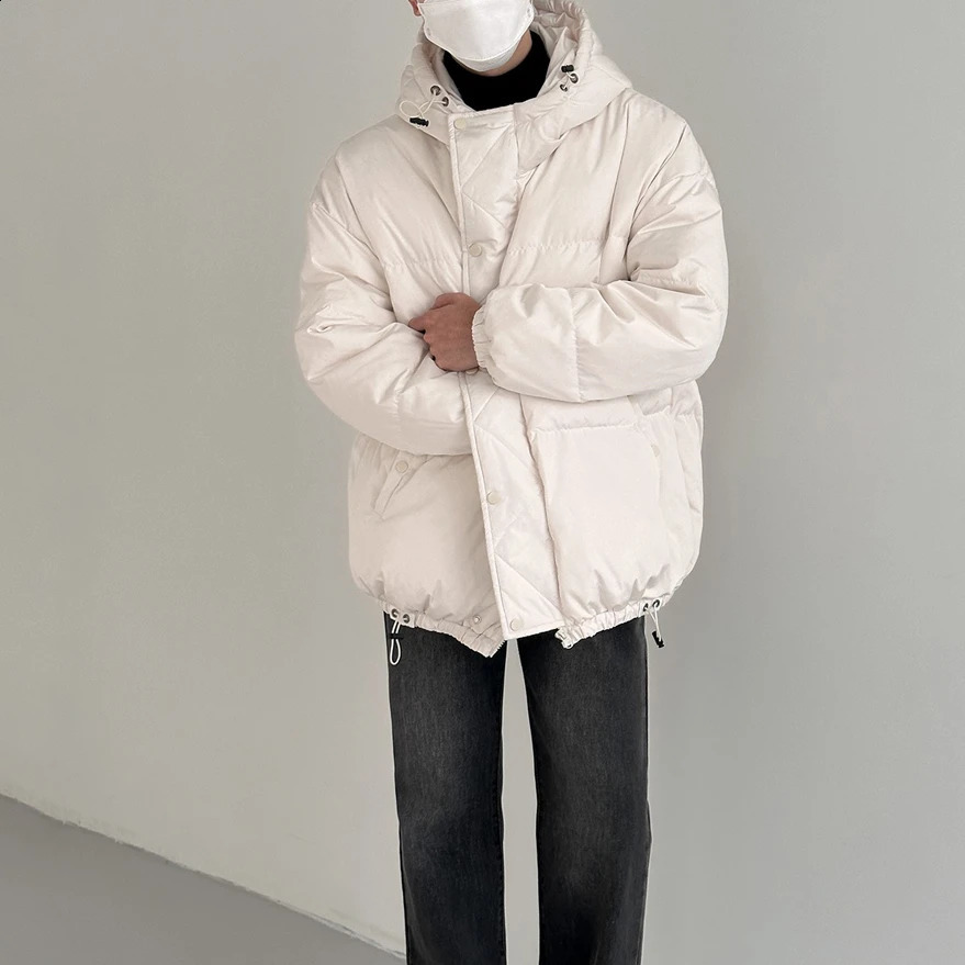 Mens winter white duck down jacket mens solid color hooded jacket mens short thick warm casual inflatable jacket H414 240826
