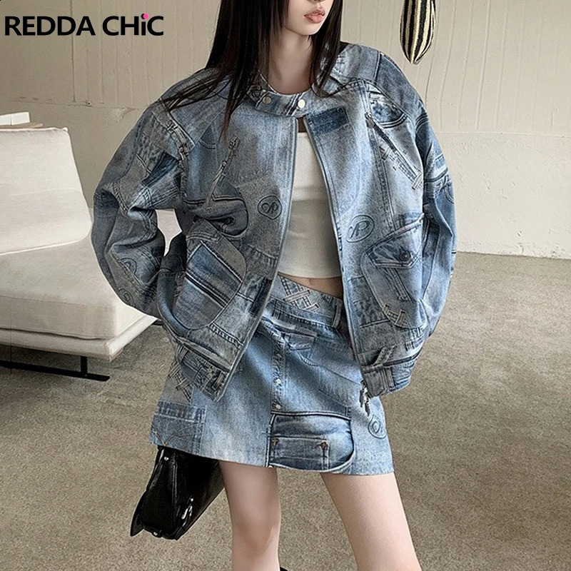 REDDACHiC 90s Retro Denim Print Suit Bomber Jacket Mini Skirt Women 2-piece Set Long Sleeves Oversize Coat Hiphop Y2k Streetwear 240826