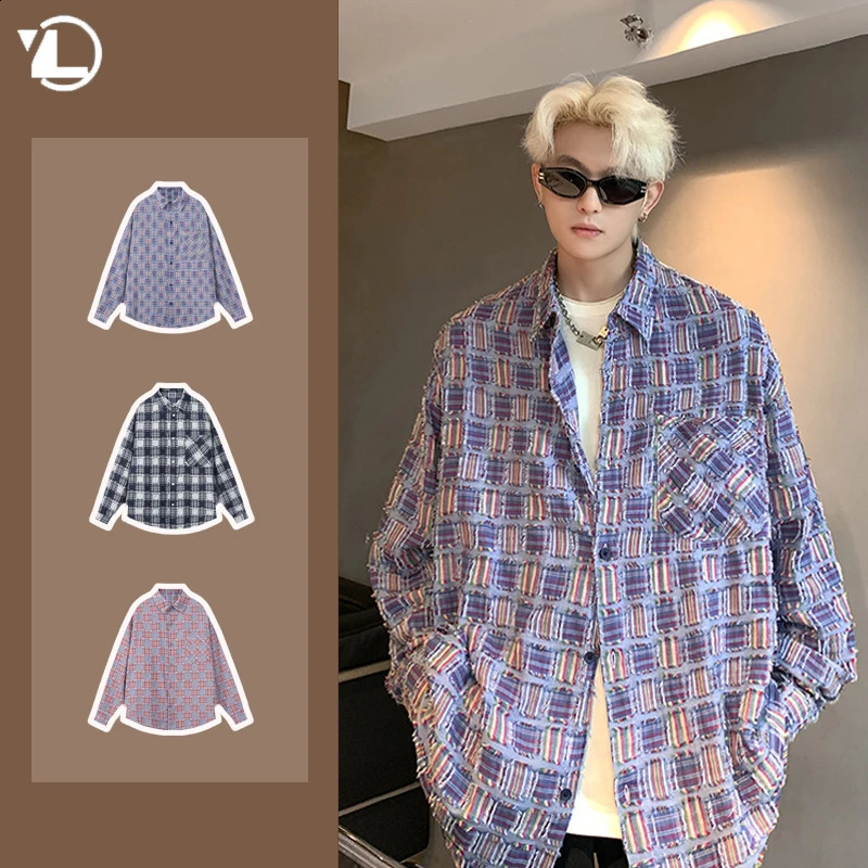 Trendy Plaid Fringe Shirt Mens Spring Autumn Harajuku Casual Loose Couple Jacket Thin Pockets Lapel Fashion Long Sleeves Tops 240826