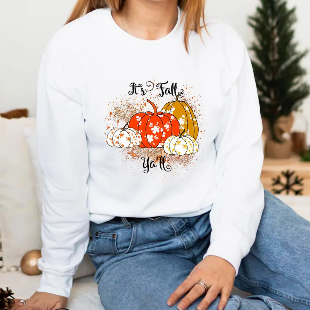 It Is Fall Colorful Pumpkins Graphic Print 100%Cotton Women Sweatshirt Unisex Casual Autumn Winter Long Sleeve Top Fall Gift 240827