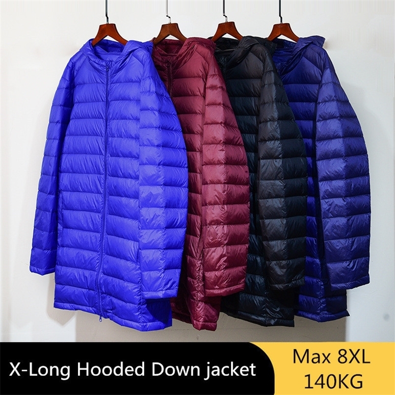Oversize 5XL 6XL 7XL 8XL Mens Lightweight Down Jacket Autumn Winter Mens Hooded Long Casual Regular Ultra-thin Mens Coat 240826