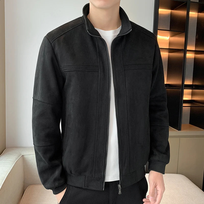 Spring Autumn Casual Mens Suede Jackets Outdoor Solid Color Zipper Stand Collar Coats Streetwear Windproof Tops Parkas 240828