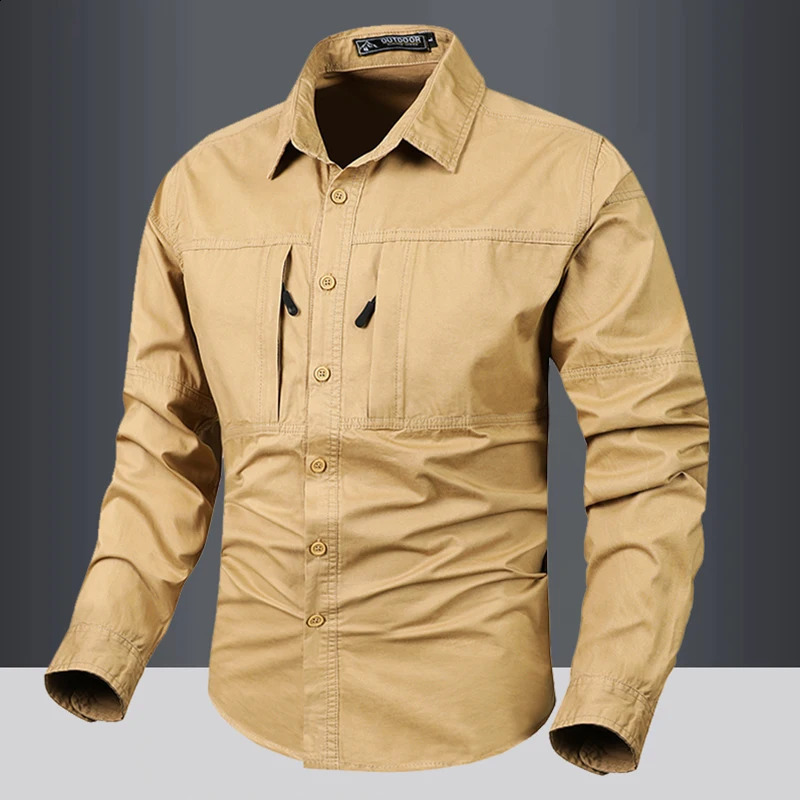 Large size mens tactical hiking long sleeved shirt autumn outdoor large pocket casual lapel Safari cargo button mens shirt 240827