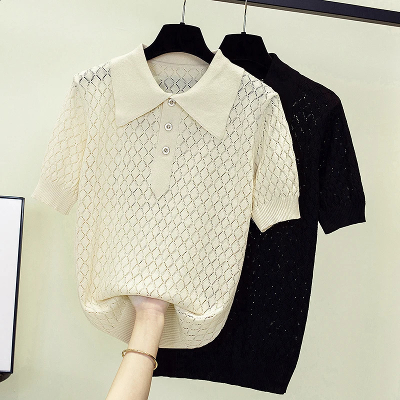 Summer Women Sweater Pullover Short Sleeve Fashion Polo Collar Solid Knitting T-shirt Loose Casual Sexy Hollow Out Sweaters 240827