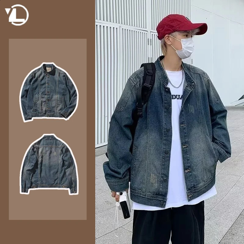 Retro Distressed Motorcycle Denim Jacket Mens Stand Collar Casual Cowboy Coats Single Breasted Fashion Unisex Outwear 240826