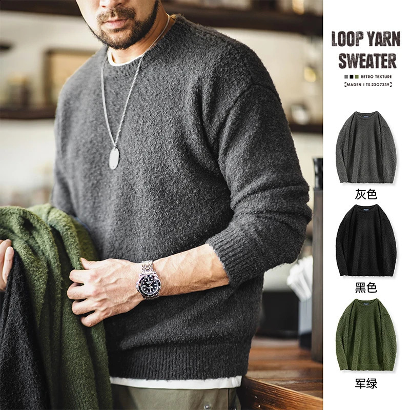 Maden Mens Autumn American Retro Sweater Basic Style Hem Round Neck Warm Bottom Knitted 240827