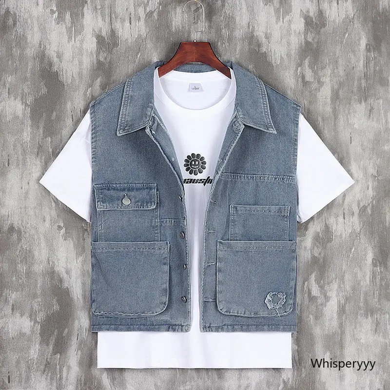 Printemps d'été sans manches en denim veste outillage Vest Men de jean lâche Waistcoat Corée de cargaison de cargaison de la mode coréenne Multi-