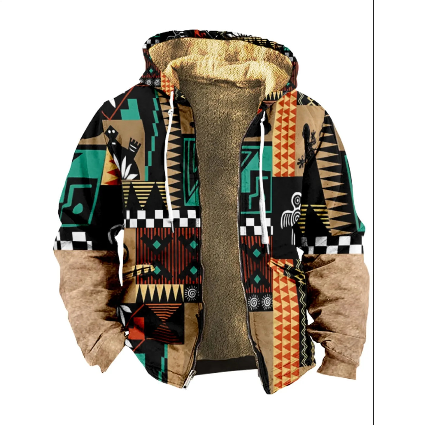 Mens and womens thick wool hooded double layered jackets winter striped printed street zippers keep warm outdoors 240827