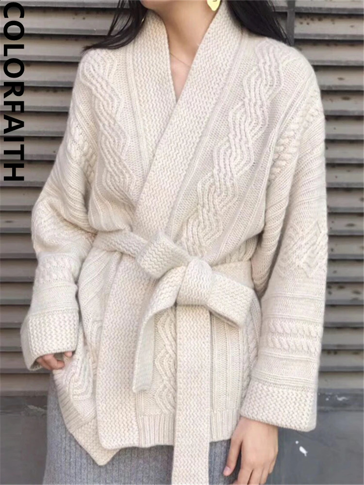 Colorfaith SWC1003 2024 Korean fashion retro sweater lace top womens winter spring knitted V-neck cardigan elegant top 240827