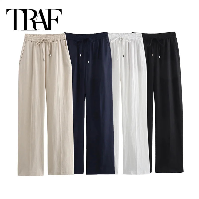 Traf 2024 Femme pantalon blanc noir taille haute pantalon décontracté liens élastiques pantalons de femmes en été baggy 240826