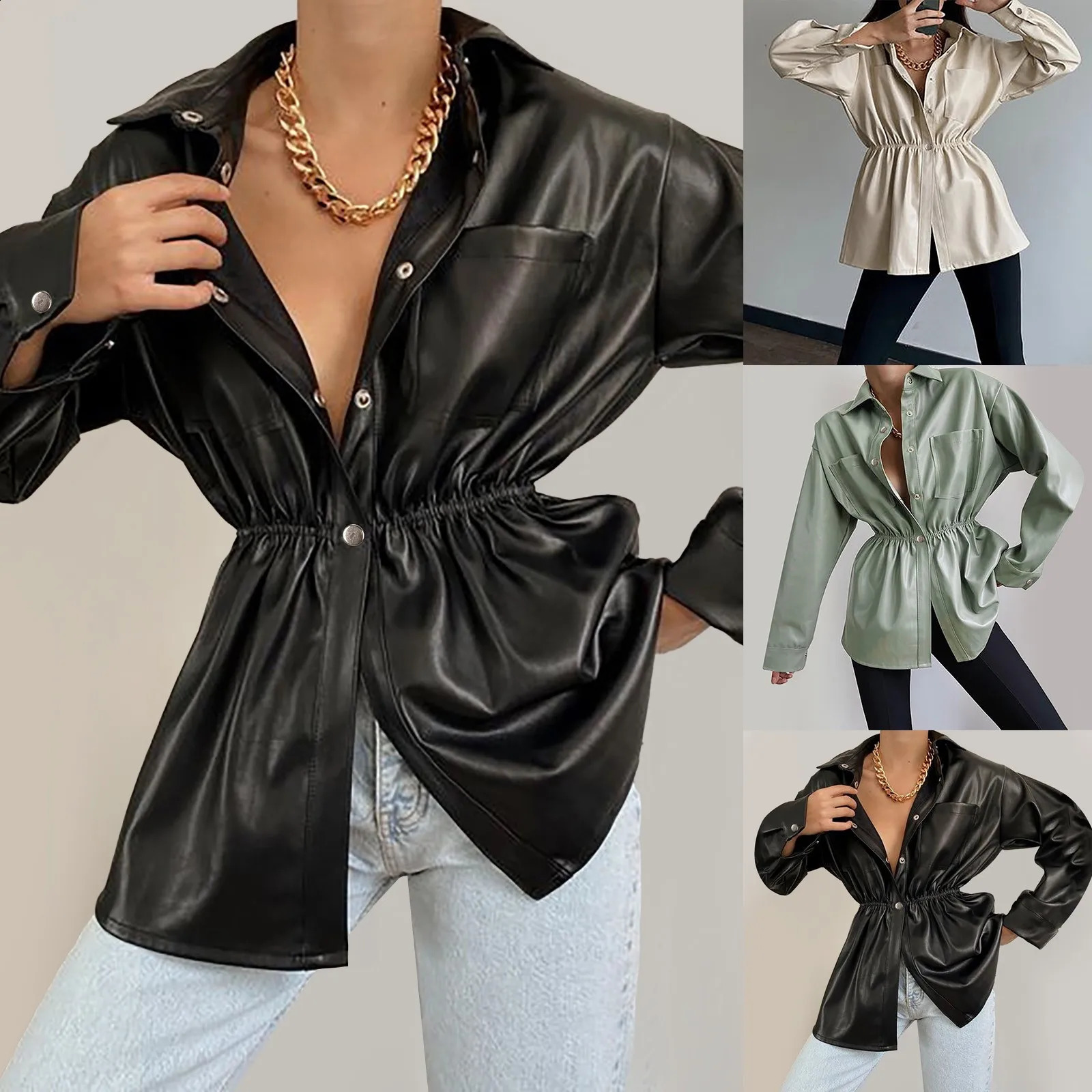 Autumn womens artificial PU leather jacket with lapel buttons cyclist lifts your waist fashionable European and American womens winter coat 24082