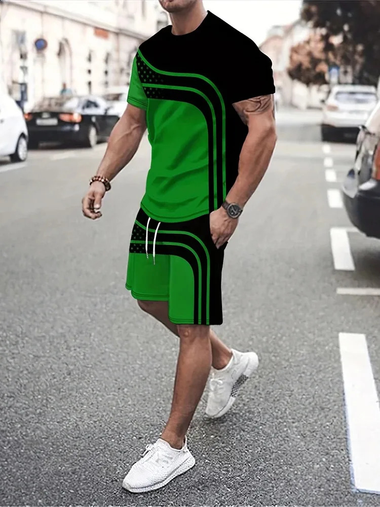 2024 Summer Mens Suit Outdoor Sports Running Shorts Street Fashion Casual Loose Comfortable TShirt Line and Star Print 240601Z