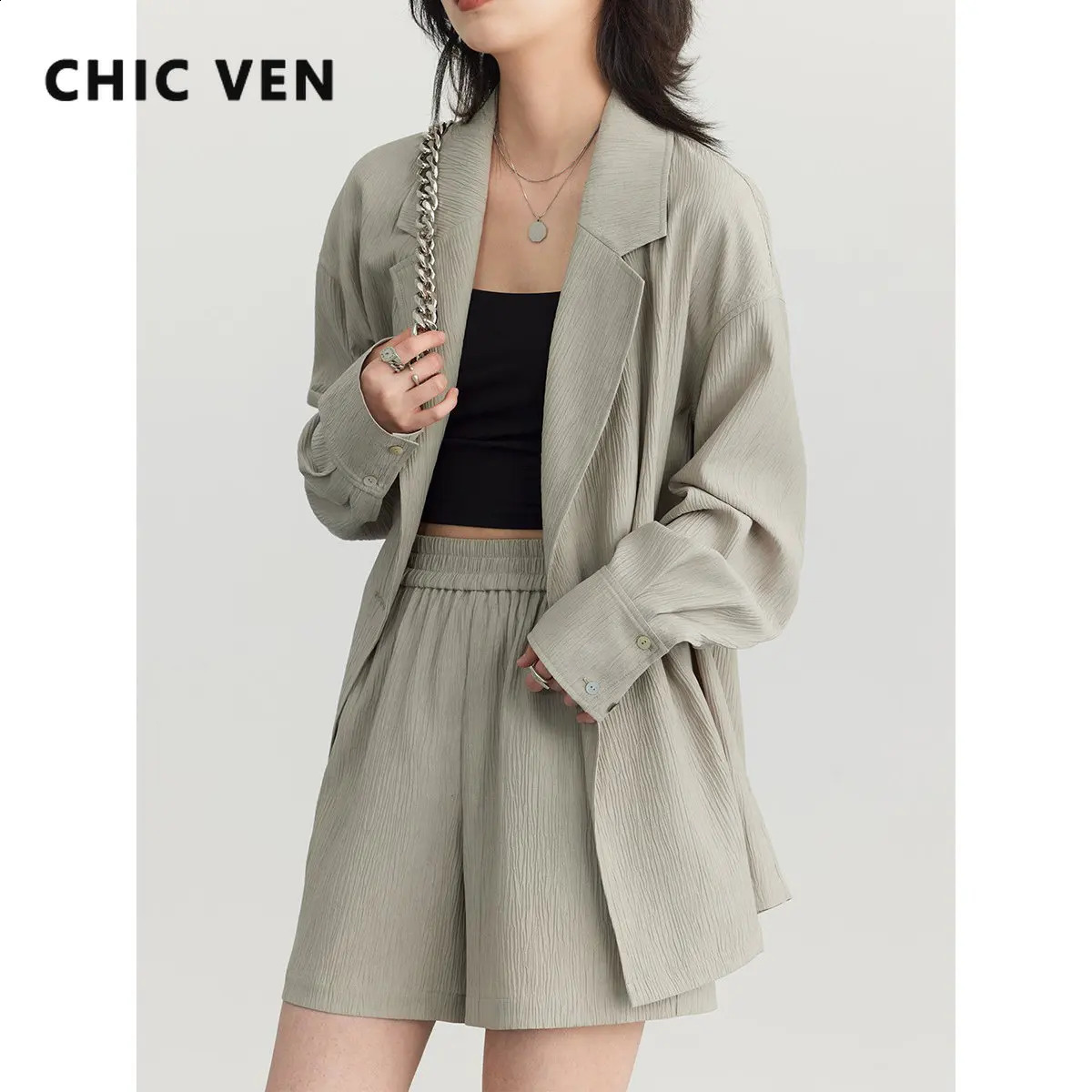CHIC VEN Womens Blazer Solid Casual Long Sleeve Jacket Texture Thin Suit Coat Shorts Office Lady Tops Summer Fashion 240826