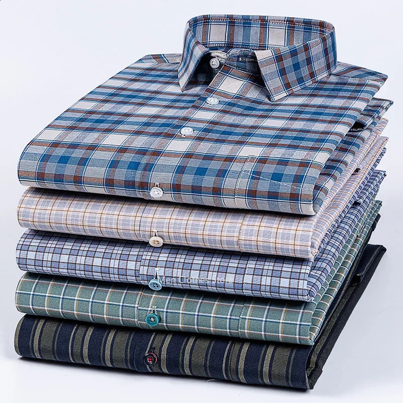 Qualité 100% coton pur Chonerie sociale à manches longues pour Oxford Chemise Men Plaid Travail rayé Shirts de poche décontractés S-8XL 240826