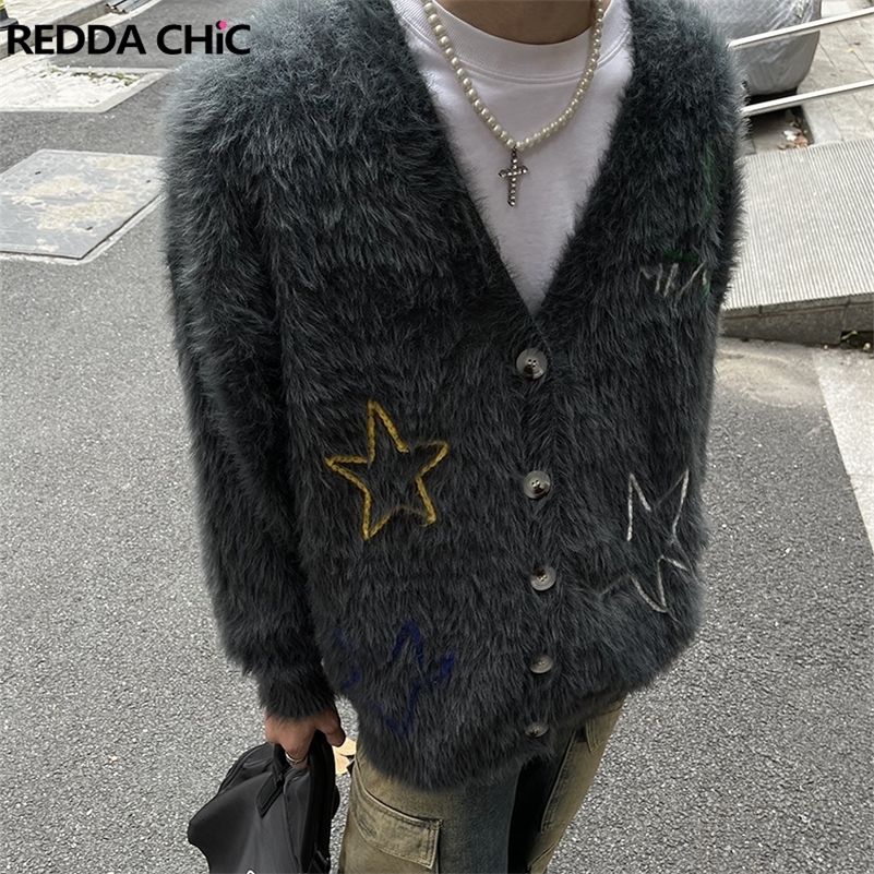 REDDACHiC Men Braided Star Mohair Sweater Jacket Gray V-neck Long Sleeves Knitted Cardigan Y2k Vintage Casual Autumn Winter Coat 240826