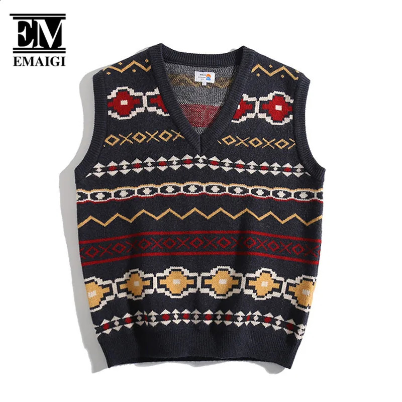 Men Women Vintage Jacquard Fashion V-neck Pullover Sweater Vest Male Streetwear Fashion Loose Casual Knitwear Waistcoat Vest 240826
