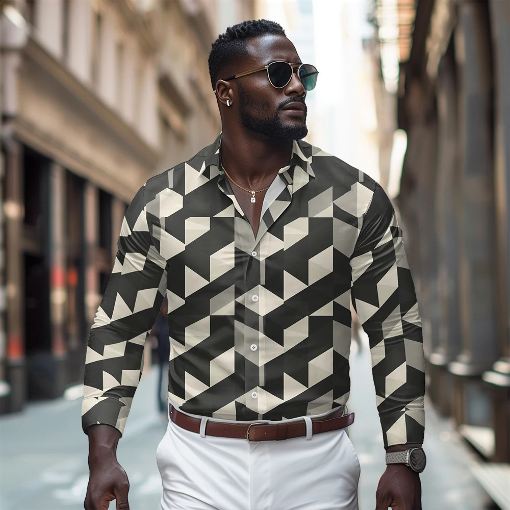 Mens casual long sleeved shirt black and white solid color print spring and autumn mens outdoor fashion and comfort clothing 240827
