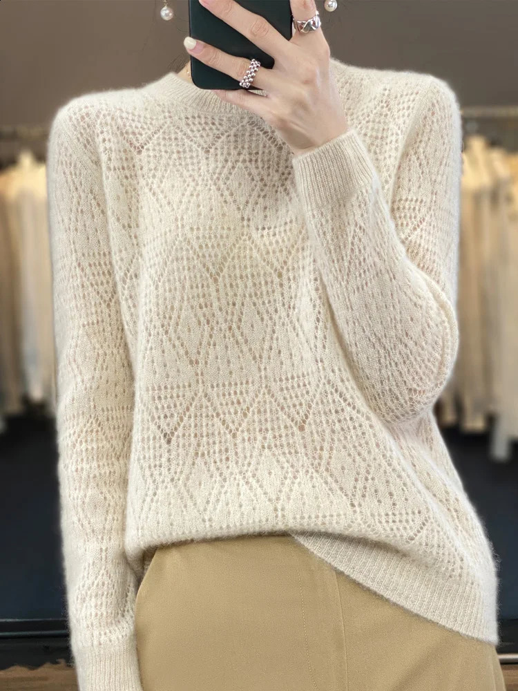 2024 Printemps / été femme O-collier 100% Pull en tricot en laine mérinos creux Vêtements pour femmes en parachute élégant Top 240827