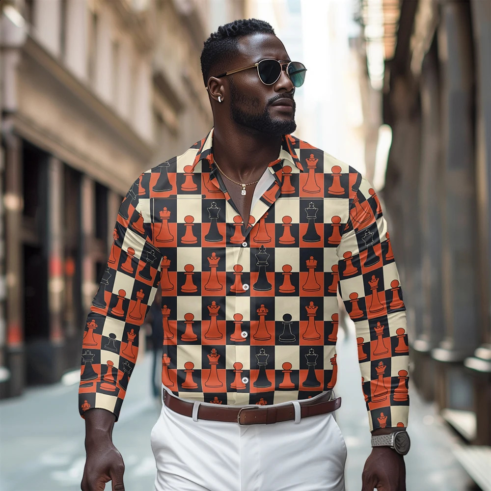 Mens casual long sleeved shirt chess striped plain print spring and autumn mens outdoor fashion and comfort shirt 240827