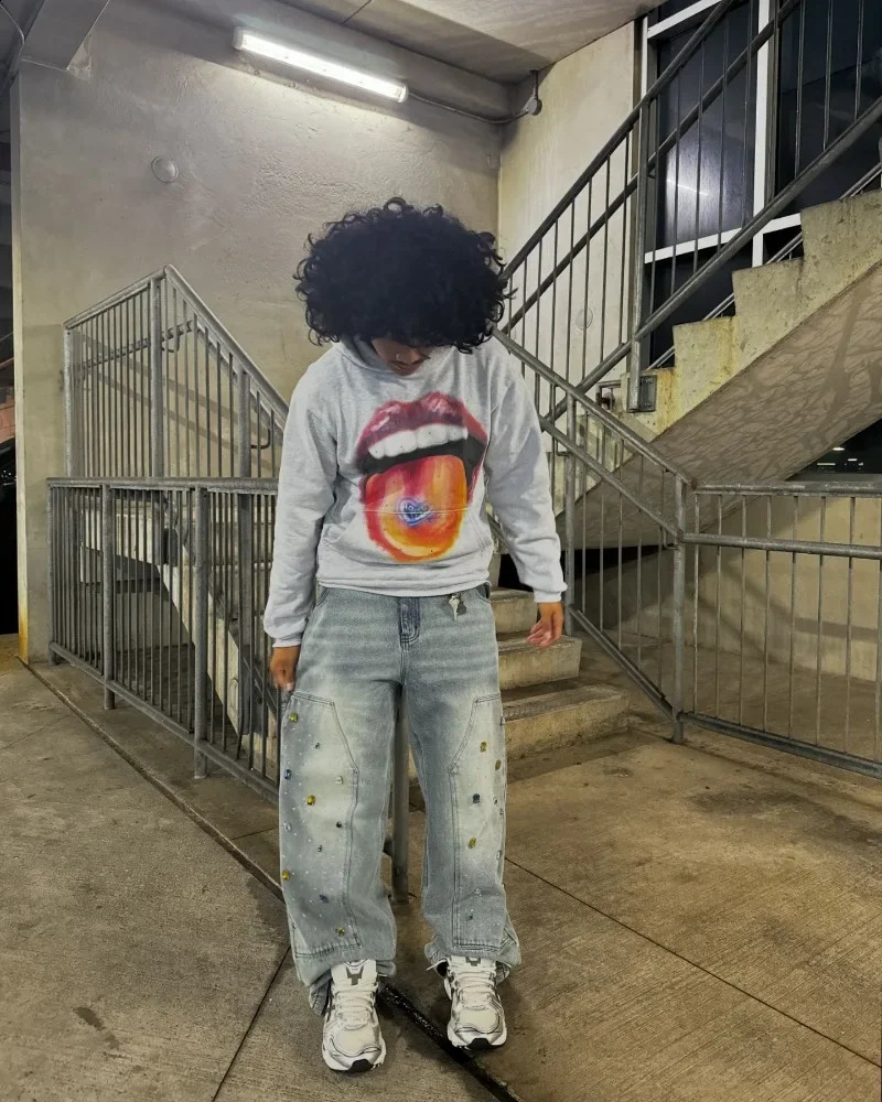 Summer Fashion Big Lips Printed Oversized Hoodie Mens Y2K Street Hip Hop Harajuku Loose Long Sleeve Pullover Womens 240826