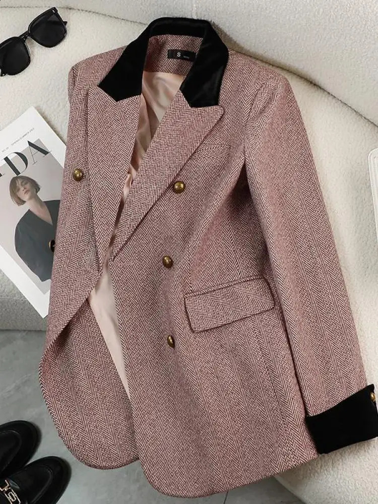 Retro womens autumn pink patch work jacket khaki double corset office womens long sleeved top jacket 240827