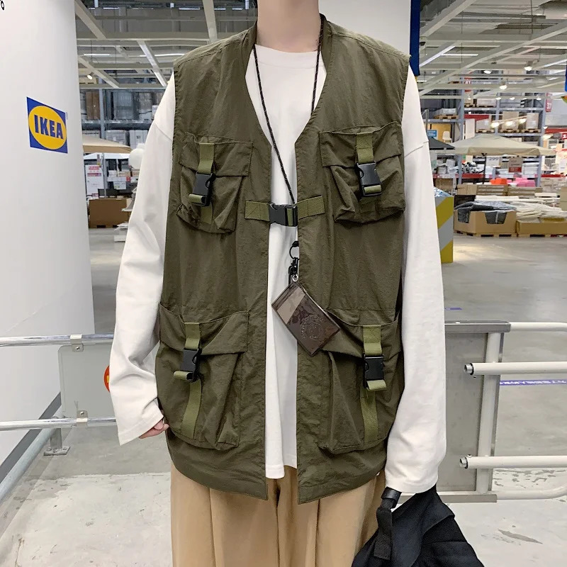 Mens Fashion Multi-Pocket Outdoors Tactical Coat Cargo Vest Hip Hop Men Sleeveless Jacket Coat Gilet Mens Vest Streetwear 240826