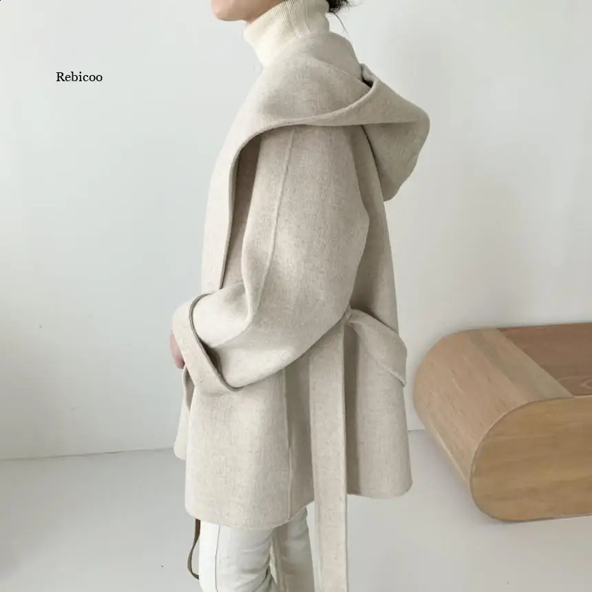 Retro Fashion Womens Hooded Loose Coat Winter Thick Lace Long Sleeve Womens Solid Blended Jacket 240826